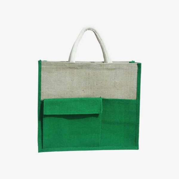 Jute Shopping Bag - Front Button Pocket with Zipper